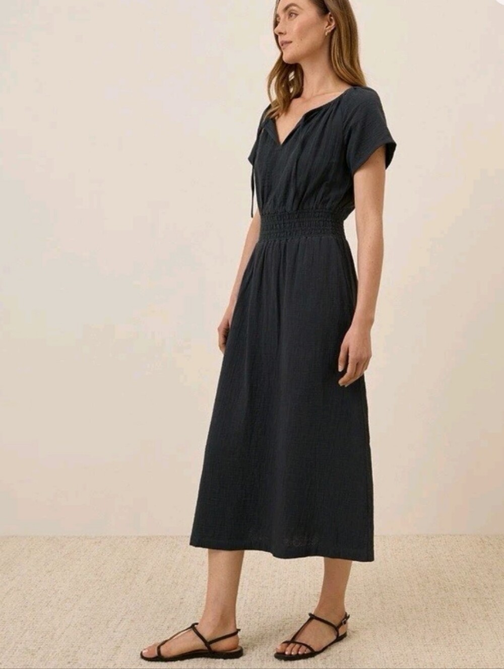 Pact Gray Cotton Smocked-Waist Midi Dress